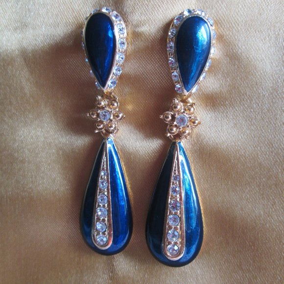 VINTAGE STAR BRIGHT - ROYAL and CRYSTAL TEARDROP EARRINGS - NWOT - Picture 11 of 15